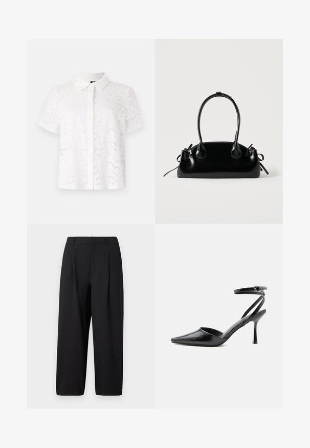 Witte kortärmelige blouse van kantstof, met een kraag en knoopsluiting aan de voorkant, met bloemenpatronen door het materiaal heen.; Zwarte broek met een ontspannen pasvorm, geplooid front, platte tailleband en een zachte textuur. Geëindigd op een cropped lengte, geschikt voor formele of casual kleding.; Zwarte pumps met puntige neus, dunne enkelbandjes en een zilveren gesp op een effen lichte achtergrond.; Kleine zwarte glanzende handtas met twee lange hengsels en zijkant trekkoord details op een effen lichte achtergrond.