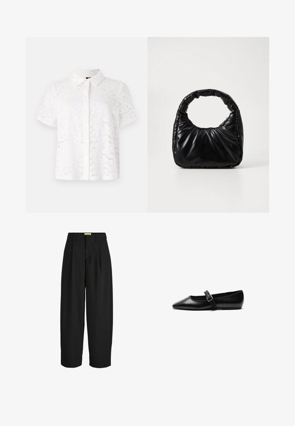 Camisa blanca de manga corta hecha de tela de encaje, con cuello y cierre frontal de botones, con patrones florales en todo el material.; Pantalones negros de pierna ancha con cintura alta, trabillas para cinturón, pliegues delanteros y cierre frontal oculto.; Zapato plano negro de cuero con punta afilada, correa ajustable con hebilla de metal, textura suave y diseño minimalista.; Bolso negro acolchado con un asa redondeada, que presenta una superficie lisa y brillante y una textura suave y acolchada. Sin herrajes ni acentos visibles.