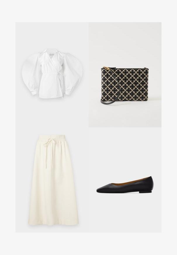 Witte wikkelblouse van lichtgewicht katoen, met een diepe V-hals, lange pofmouwen en een strik in de taille voor een verstelbare pasvorm.; Soulland MEIR SKIRT - Maxirok - white; Zwarte leren puntschoen met lage hak en gladde afwerking, zijaanzicht op een lichtgrijze achtergrond.; Zwart-beige polstasje met een patroon, gouden ritssluiting en afneembare zwarte band, weergegeven op een witte achtergrond.