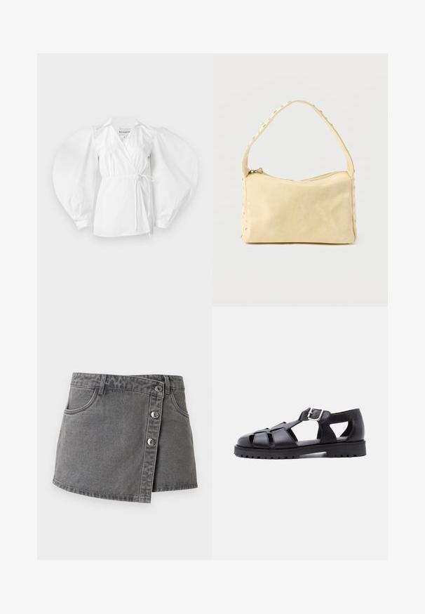 Witte wikkelblouse van lichtgewicht katoen, met een diepe V-hals, lange pofmouwen en een strik in de taille voor een verstelbare pasvorm.; Grijze denim minirok met knoopsluiting aan de voorkant, riemlussen en voorzakken, weergegeven tegen een witte achtergrond.; Zwarte leren visserssandaal met gesloten neus, open zijkanten en verstelbare zilveren gesp op een stevige profielzool.; Kleine beige leren handtas met een enkele band en zilveren studs langs de randen en band, tegen een effen achtergrond.