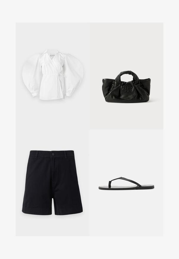 Witte wikkelblouse van lichtgewicht katoen, met een diepe V-hals, lange pofmouwen en een strik in de taille voor een verstelbare pasvorm.; Donkerblauwe katoenen shorts met knoopsluiting, zijzakken en een rechte snit, met een gladde textuur en een eenvoudig ontwerp.; Zwarte teenslippers met een minimalistisch ontwerp, voorzien van dunne banden en een platte zool. Het materiaal lijkt op plastic met een gladde textuur.; Zwarte leren handtas met een zacht, geplooid ontwerp. Voorzien van een getextureerd logo aan de voorkant en twee stevige handvatten voor het dragen.