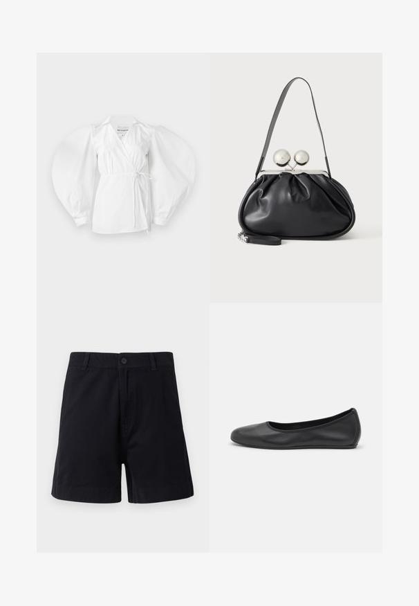 Witte wikkelblouse van lichtgewicht katoen, met een diepe V-hals, lange pofmouwen en een strik in de taille voor een verstelbare pasvorm.; Donkerblauwe katoenen shorts met knoopsluiting, zijzakken en een rechte snit, met een gladde textuur en een eenvoudig ontwerp.; Zwarte leren ballerina met een ronde neus, gladde textuur, minimale stikdetails en een flexibele zoolontwerp.; Zwarte leren handtas met een geplooid ontwerp, een enkele schouderband, zilverkleurige metalen omlijsting en twee grote ronde zilveren sluitingen.