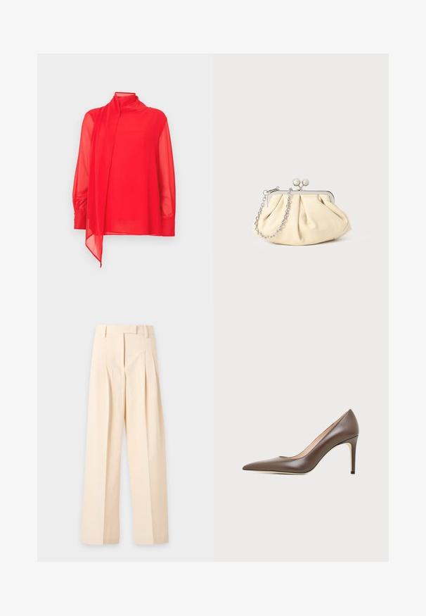 Blouse rouge transparente avec un col montant et des manches longues. Présente un détail de tissu qui traîne et des poignets boutonnés. Coupe ajustée.; Pantalon beige taille haute sur mesure avec plis, passants pour ceinture et jambes larges, étalé à plat sur un fond clair.; Chaussure à talon haut en cuir marron à bout pointu avec un talon aiguille fin et une finition lisse sur un fond clair.; Pochette en cuir beige plissé avec un cadre en métal argenté, dotée de deux fermoirs ronds décoratifs et d'une chaîne en argent.