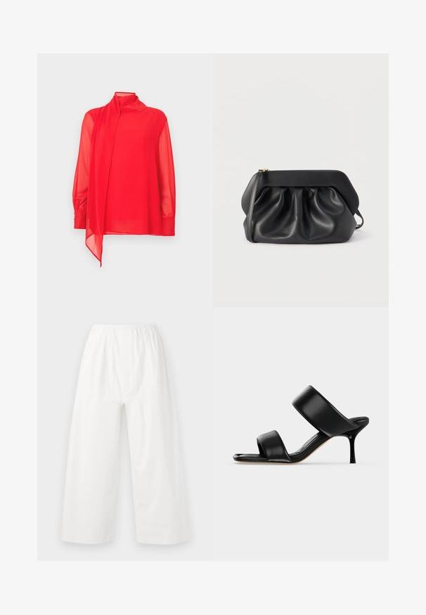 Blouse rouge transparente avec un col montant et des manches longues. Présente un détail de tissu qui traîne et des poignets boutonnés. Coupe ajustée.; Un pantalon blanc à jambes larges avec une taille élastique. Fabriqué en tissu léger, il présente des lignes épurées et une surface lisse, sans texture.; Sandale mule en cuir noir avec deux larges brides et un talon stiletto fin de hauteur moyenne sur un fond clair uni.; Pochette en cuir noir avec une structure rigide, des détails froncés et une fine lanière de poignet sur fond blanc.