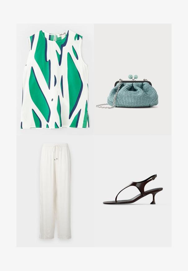 Débardeur en tissu léger, avec un motif abstrait vert vif et marine sur fond blanc. Encolure ronde avec un dos en forme de serrure.; Pantalons blancs légers et amples avec une taille élastique et un cordon de serrage. Présente un subtil éclat et un design à jambe droite.; Sandale slingback en cuir verni marron foncé avec petit talon et bride entre les orteils sur fond blanc.; Petit sac pochette tissé bleu clair avec une chaîne argentée et une fermeture à boucle ronde sur le dessus.
