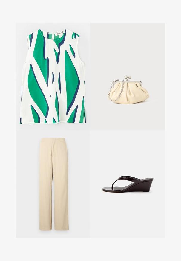 Mouwloos topje van lichtgewicht stof, met een gedurfde groene en marineblauwe abstracte print op een witte achtergrond. Ronde halslijn met een sleuf aan de achterkant.; Beige pantalon met wijd uitlopende pijpen, gemaakt van een zachte stof, met een rechte snit, een gladde textuur en een klassieke tailleband met een voorste plooi detail.; Bruine lakleren sleehaksandaal met teenslipperbandje en open teen, zijaanzicht tegen een effen achtergrond.; Geplooide beige leren clutch met een zilveren metalen frame, voorzien van twee ronde decoratieve sluitingen en een zilveren kettingriem.