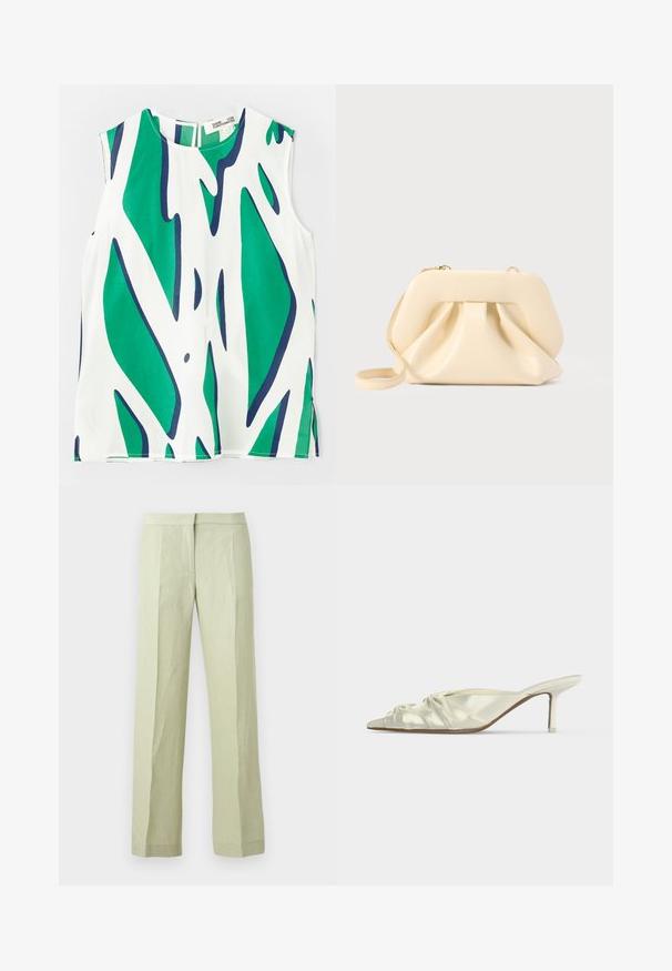 Mouwloos topje van lichtgewicht stof, met een gedurfde groene en marineblauwe abstracte print op een witte achtergrond. Ronde halslijn met een sleuf aan de achterkant.; Lichtgroene rechte broek met voorplooien, tailleband en een verborgen vooraanluiting, getoond tegen een effen achtergrond.; Witte satijnen mule met spitse neus, geplooide details en een smalle hak van gemiddelde hoogte tegen een effen achtergrond.; Beige zachte leren clutch met gestructureerd frame en geplooid voorkantdetail, voorzien van een dunne polsriem en een gouden rits.