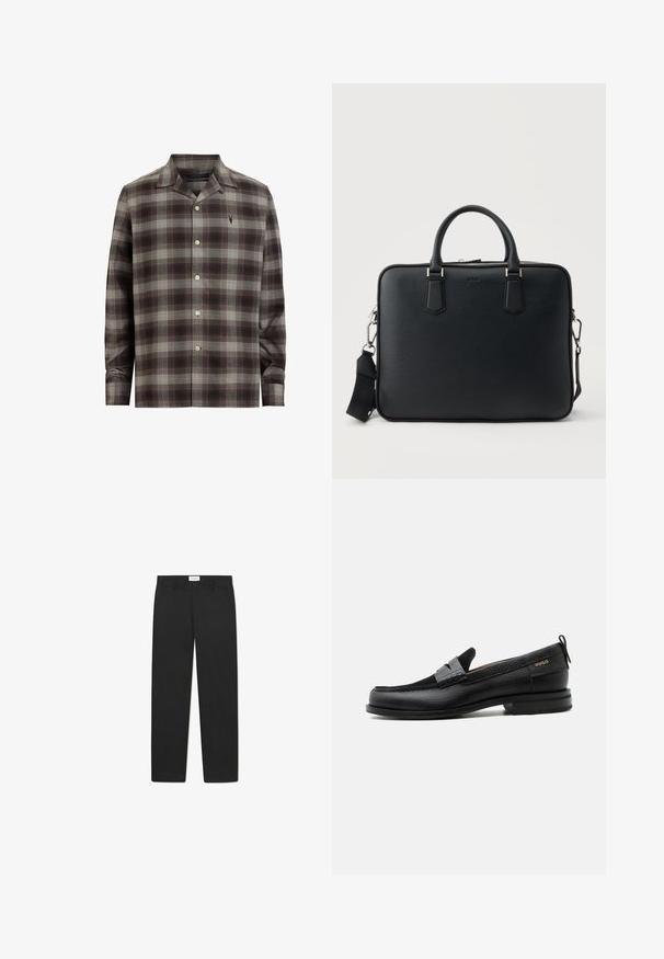 Chemise à carreaux brune et grise en tissu léger, avec un col évasé, fermeture à boutons et un logo brodé sur la poitrine.; Pantalons noirs avec une coupe droite, fabriqués dans un tissu à texture lisse, dotés de deux poches avant et d'une taille standard.; Mocassin en cuir noir avec détail de bride grise, talon bas et semelle texturée, marqué "HUGO" en or sur le côté.; Portefeuille en cuir noir texturé avec deux poignées et une bandoulière détachable, doté d'une fermeture éclair argentée et de ferrures métalliques.