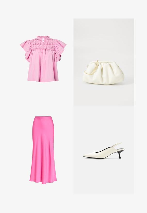Blusa rosa con mangas cortas acampanadas, parte superior del cuerpo con fruncido de patrón de diamantes y un pequeño escote delantero atado con cintas de tela.; Falda midi de satén rosa brillante con cintura ajustada y ligero vuelo hacia el dobladillo, tela lisa y brillante, sin estampados ni adornos.; Zapato slingback de punta puntiaguda color crema con tacón bajo tipo gatito negro y acabado en cuero liso sobre fondo blanco.; Bolso de mano de cuero blanco con un diseño recogido, cuenta con una cadena dorada y forma redondeada. Textura suave con pliegues suaves y sin patrones.