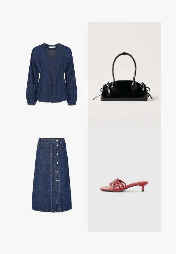 Blusa de denim en azul oscuro con escote en V, mangas raglán, puños elásticos y bolsillos laterales. Presenta costuras en contraste en toda la prenda.; Falda vaquera de cintura alta, cierre frontal con botones y dos bolsillos laterales. Color azul oscuro, corte recto y detalle de costuras visibles.; Mules rojos de punta abierta con un tacón bajo, que presentan múltiples correas horizontales con acentos circulares. Acabado suave y brillante. Forma de punta cuadrada.; Pequeño bolso negro brillante con dos asas largas y detalles de cordón lateral sobre un fondo claro liso.