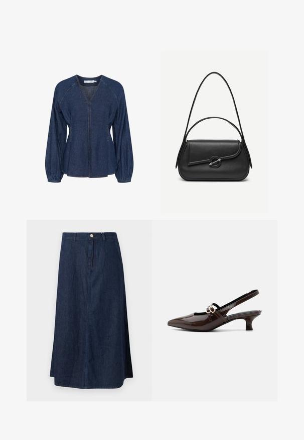 Tummansinisestä denimgolferista, jossa on V-pääntie, raglanhihat, joustavat hihansuut ja sivutaskut. Korostaa kontrastivärisiä ompeleita.; Tummansininen denim-mittahame, jossa on suora leikkaus, etuosan nappisuljenta ja hienovaraiset ompelut saumojen varrella.; Marco Tozzi Avokkaat - cinnamon; Musta nahkainen käsilaukku pyöristetyillä reunoilla, epäsymmetrisellä läppäosalla, metallisella pyöreällä lukolla sekä lyhyillä ja pitkillä olkahihnoilla.