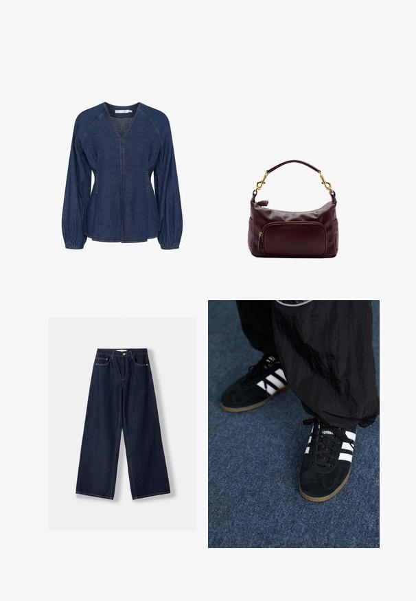 Blouse en denim bleu foncé avec un col en V, des manches raglan, des poignets élastiques et des poches latérales. Présente des coutures contrastantes partout.; Jean en denim bleu foncé à jambes larges avec fermeture avant par bouton et zip, poches avant et passants pour ceinture, posé à plat sur un fond blanc.; Des chaussures de sport en suède noir avec trois rayures blanches et des lacets noirs. Un pantalon noir texturé est partiellement visible à côté des chaussures.; Sac à bandoulière en cuir marron foncé avec fermoirs dorés, poche zippée à l'avant et anse unique incurvée sur fond blanc.