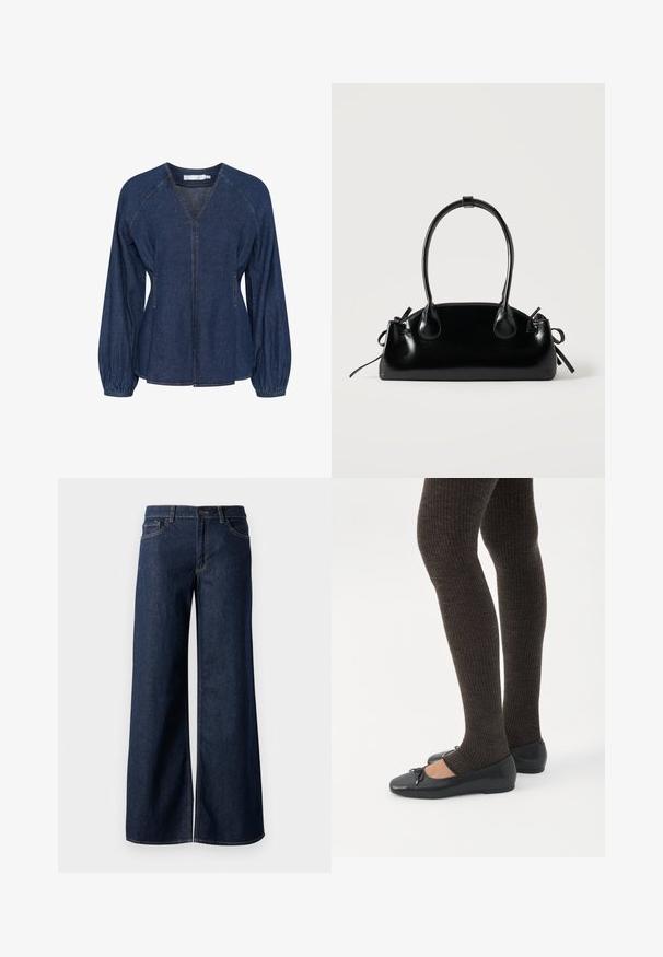 Blouse en denim bleu foncé avec un col en V, des manches raglan, des poignets élastiques et des poches latérales. Présente des coutures contrastantes partout.; Jean large en denim bleu foncé. Présente des coutures contrastées, cinq poches et une fermeture par bouton à la taille. Texture lisse.; Jambes portant des leggings côtelés foncés associés à des ballerines noires avec de petits détails en nœud sur fond blanc.; Petit sac à main noir brillant avec deux longues anses et des détails à cordon sur les côtés sur un fond clair uni.