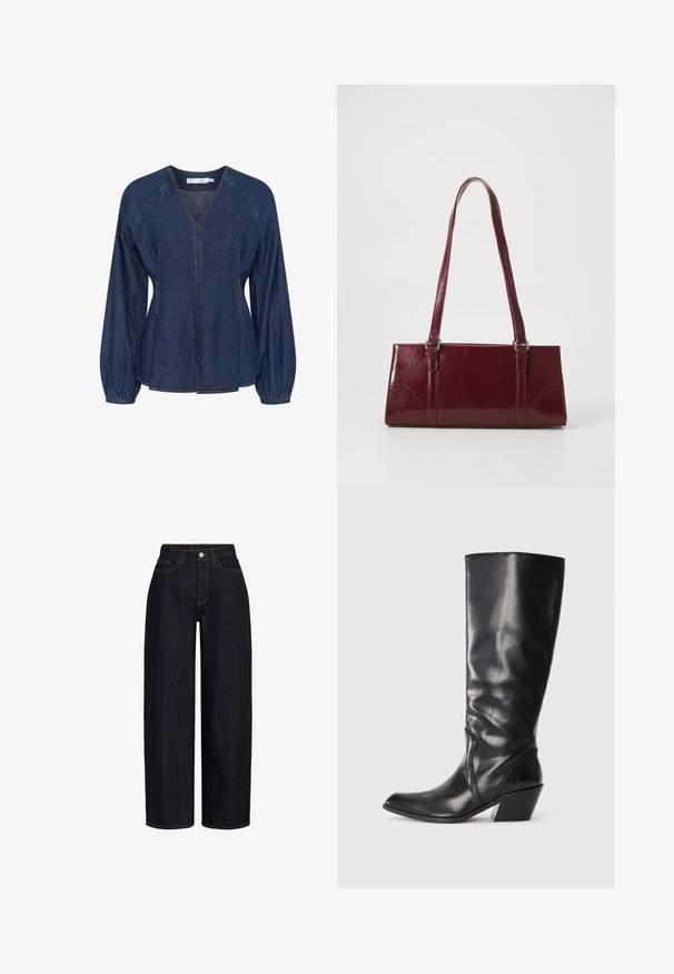 Mørkeblå denimbluse med V-udskæring, raglanærmer, elastiske manchetter og sidelommer. Har kontrastsyninger hele vejen igennem.; Mørkeblå vidde jeans med høj talje, der har forlommer, lynlås foran og kontrasterende syning. Glat tekstur.; Sorte læder knæhøje støvler med spids tå, vinklet hæl og glat tekstur. Funktioner en subtil syning langs siden.; Bordeaux håndtaske lavet af glansfuldt materiale, rektangulær form, med to skulderremme og subtile buede detaljer på forsiden.
