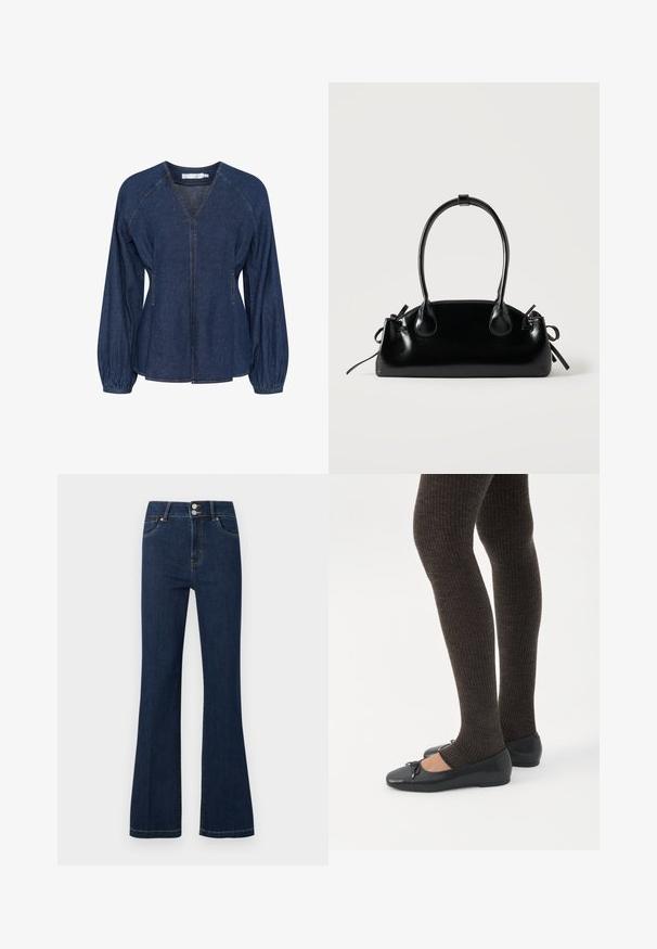 Blusa de denim en azul oscuro con escote en V, mangas raglán, puños elásticos y bolsillos laterales. Presenta costuras en contraste en toda la prenda.; Vaqueros de mezclilla azul oscuro con cintura alta, cierre de doble botón, bolsillos delanteros y piernas ligeramente acampanadas.; Piernas con leggings oscuros acanalados combinados con bailarinas negras que presentan pequeños detalles de lazo sobre un fondo blanco.; Pequeño bolso negro brillante con dos asas largas y detalles de cordón lateral sobre un fondo claro liso.