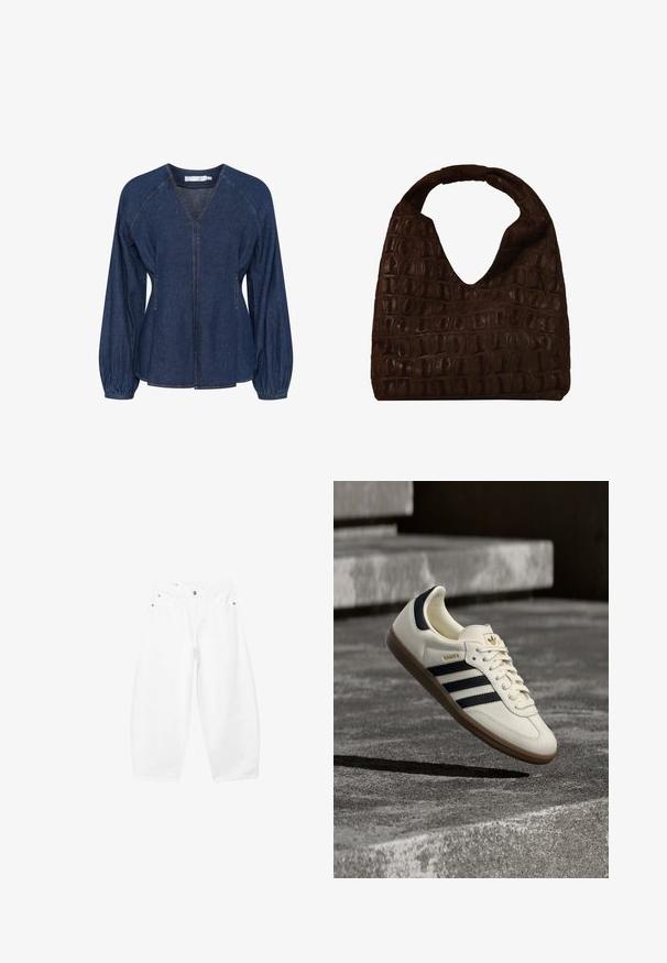 Blouse en denim bleu foncé avec un col en V, des manches raglan, des poignets élastiques et des poches latérales. Présente des coutures contrastantes partout.; Jean blanc à jambes larges avec boutons et fermeture éclair à l'avant, passants pour ceinture, poches latérales et avant, présenté sur un fond uni.; Baskets blanches Adidas Samba avec des bandes noires et une semelle en gomme, flottant au-dessus de marches en béton gris texturé.; Sac hobo en cuir brun foncé avec motif crocodile embossé et large poignée arrondie, design simple et souple au style décontracté.