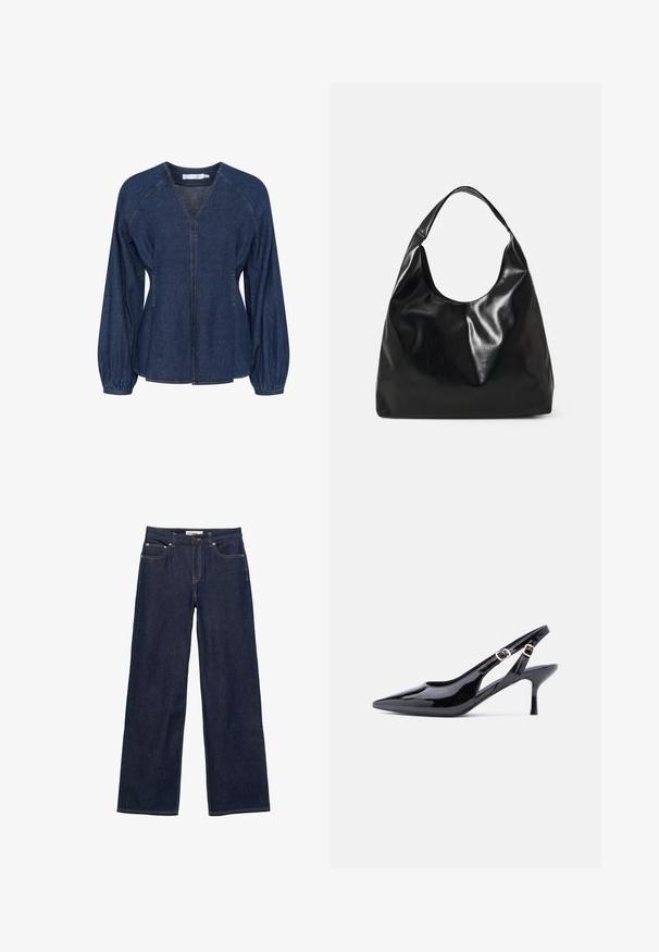 Mørkeblå denimbluse med V-udskæring, raglanærmer, elastiske manchetter og sidelommer. Har kontrastsyninger hele vejen igennem.; Mørkeblå jeans med lige ben, forlommer, bæltestropper, knaplukning og synlige kontrastsyninger.; Sort laklæderslingbacksko med spids tå, justerbar rem med spænde og en slank, høj hæl. Har åbent sidestykke med udskæring.; Sort læder hobo taske med en blød, skinnende tekstur og en rund, åben top. Har en bred, buet strop til bæring. Ingen synlig hardware.