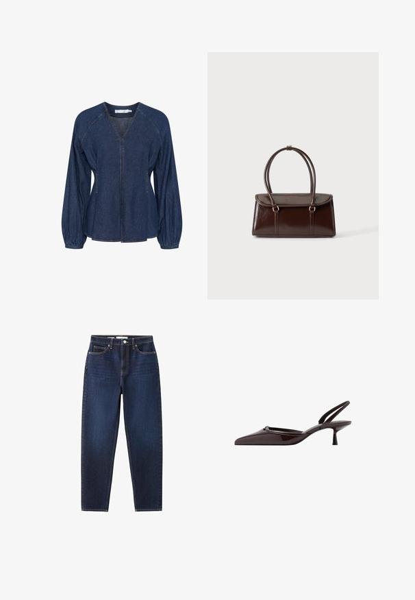 Mørkeblå denimbluse med V-udskæring, raglanærmer, elastiske manchetter og sidelommer. Har kontrastsyninger hele vejen igennem.; Mørkeblå denimjeans med lige ben, fem lommer, knaplukning og synlige syninger på hvid baggrund.; Mørkebrune lersko med ankelrem og spids tå samt lav kitten-hæl mod hvid baggrund.; Mørkebrunt blankt læderhåndtaske med en struktureret rektangulær krop og to lange, afrundede håndtag mod en ensfarvet lys baggrund.