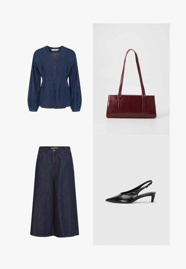 Blusa de denim en azul oscuro con escote en V, mangas raglán, puños elásticos y bolsillos laterales. Presenta costuras en contraste en toda la prenda.; Pantalones culottes de mezclilla de pierna ancha en azul oscuro con botón delantero, cierre de cremallera, trabillas para cinturón y bolsillos delanteros.; Tacón de piel negra tipo slingback con punta afilada, tacón bajo tipo kitten y correa ajustable con hebilla. Textura suave con un detalle mínimo.; Bolso burdeos hecho de material brillante, de forma rectangular, con dos asas para el hombro y sutiles acentos curvados en la parte frontal.