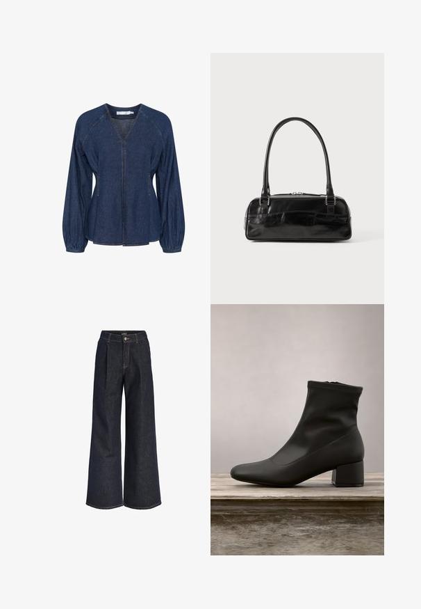 Blouse en denim bleu foncé avec un col en V, des manches raglan, des poignets élastiques et des poches latérales. Présente des coutures contrastantes partout.; Jean en denim bleu foncé à jambes larges avec plis, fermeture par bouton et passants de ceinture, présenté sur un fond blanc.; Bottine noire à finition en cuir lisse et brillante, talon bloc incliné, et tige ajustée élastiquée pour une silhouette élégante.; Sac à main en cuir noir de forme rectangulaire, doté d'une seule ansse structurée, de quincaillerie argentée et d'une fermeture éclair. Texture lisse.