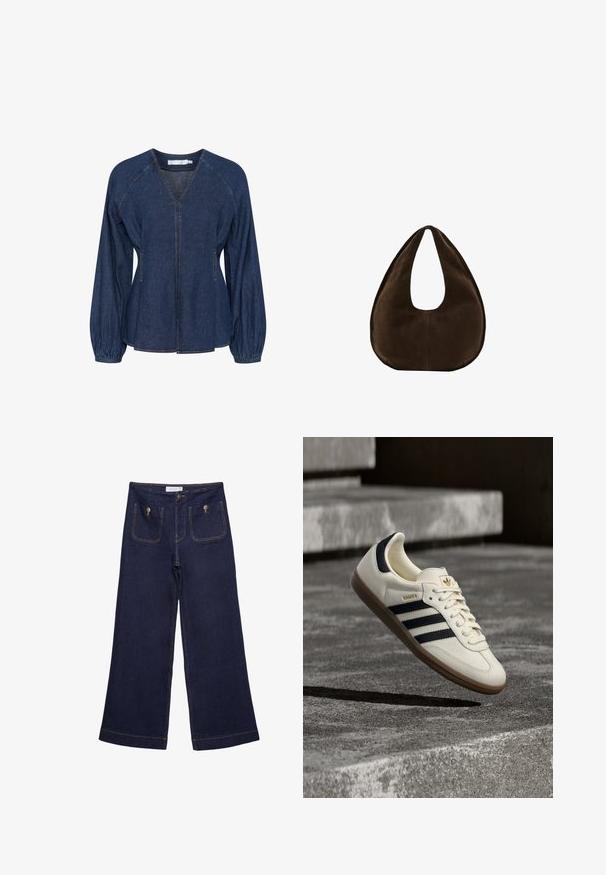 Mørkeblå denimbluse med V-udskæring, raglanærmer, elastiske manchetter og sidelommer. Har kontrastsyninger hele vejen igennem.; Mørkeblå vidde jeansbukser med høj talje, forlommer med metalknapper og synlige syninger.; Hvid Adidas Samba sneaker med sorte striber og gummsål, svævende over teksturerede grå betonstrin.; Mørkebrun ruskind skuldertaske formet som en halvmåne med en bred rem og glat tekstur på en hvid baggrund.