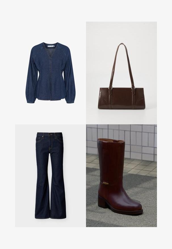 Blusa de denim en azul oscuro con escote en V, mangas raglán, puños elásticos y bolsillos laterales. Presenta costuras en contraste en toda la prenda.; Vaqueros de mezclilla azul oscuro con piernas acampanadas, cierre frontal de botones y cremallera, y diseño de cinco bolsillos con costuras en contraste.; Bota alta de cuero marrón oscuro con un tacón bajo y cuadrado, vista sobre una superficie exterior pavimentada cerca de paredes con azulejos.; Bolso de mano de piel sintética marrón con forma rectangular, dos asas largas y sutiles acentos curvados en la parte delantera.