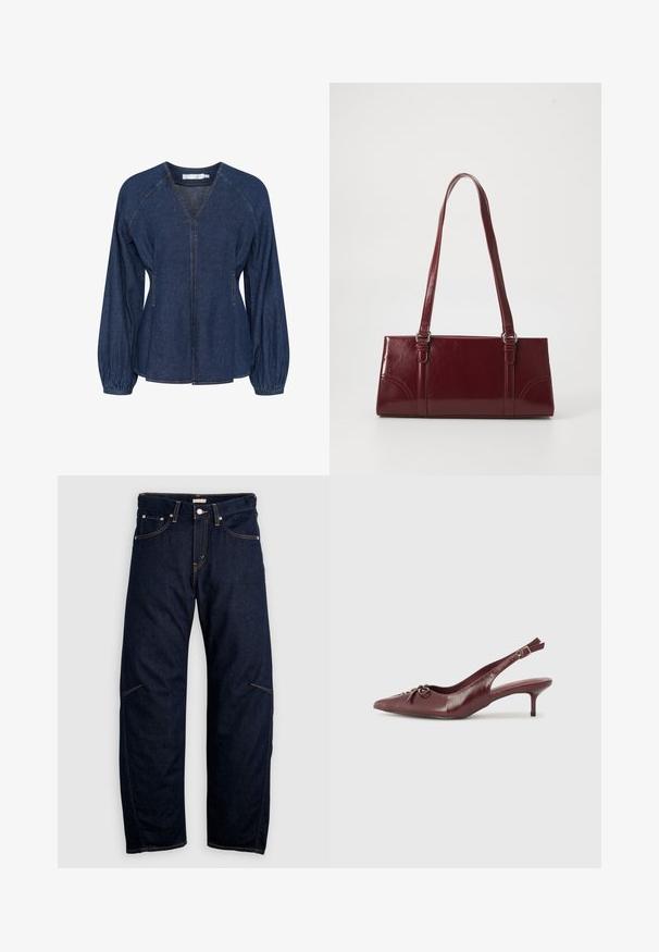 Mørkeblå denimbluse med V-udskæring, raglanærmer, elastiske manchetter og sidelommer. Har kontrastsyninger hele vejen igennem.; Mørkeblå denimjeans med lige ben, udstyret med lommer foran og bagpå samt kontrasterende gule sømme. Ingen synlige pynt.; Bordeaux læder slingback hæl med spidse tå, justerbar rem og dekorativ sløjfedetalje foran. 7,5 cm hælhøjde.; Bordeaux håndtaske lavet af glansfuldt materiale, rektangulær form, med to skulderremme og subtile buede detaljer på forsiden.