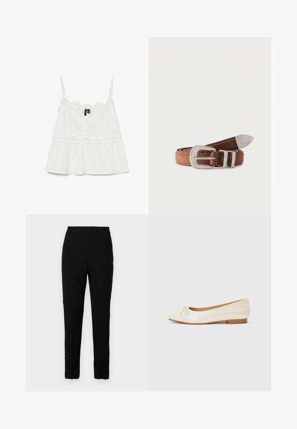 Blouse blanche sans manches avec des accents en dentelle, fermeture à boutons et design peplum. Tissu texturé avec des rayures verticales et encolure festonnée.; Pantalon droit noir sur mesure avec taille haute et pli avant, présenté sur fond blanc uni.; Ballerines en cuir crème avec un bout arrondi et un petit nœud à l'avant. Elles sont dotées d'un petit talon en caoutchouc tan et d'une texture lisse.; Ceinture en cuir marron enroulée avec une grande boucle argentée et un embout en métal, placée sur un fond blanc.