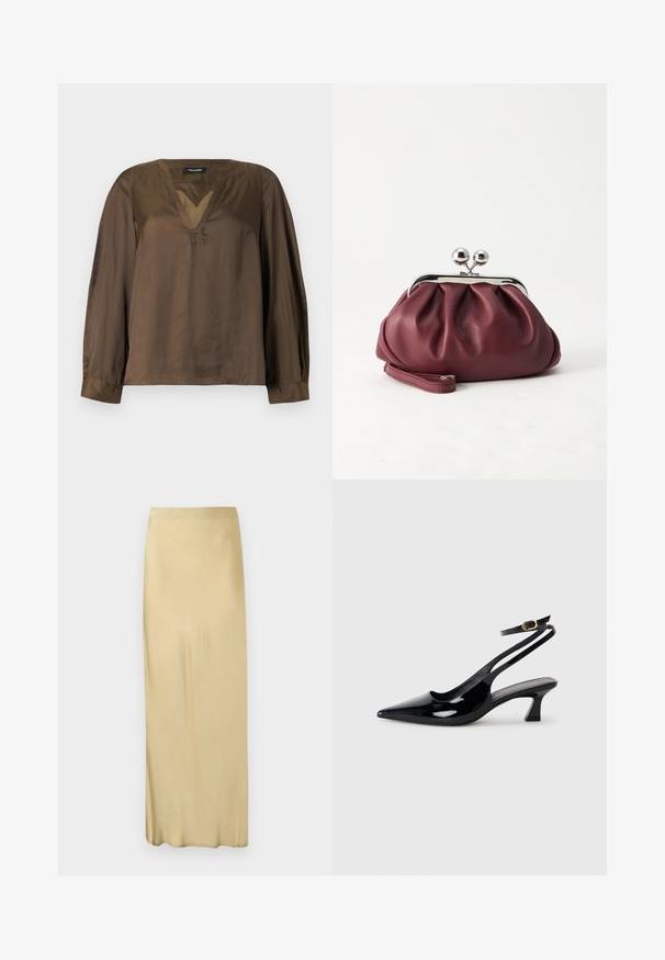 Long-sleeve brown satin blouse with V-neckline, buttoned cuffs, and subtle stitching details on collar and chest.; Beige, high-waisted, ankle-length straight skirt with a smooth texture and no visible patterns or embellishments.; Black patent leather slingback heels with pointed toe, low block heel, and adjustable ankle strap featuring a gold buckle.; Small burgundy leather clutch purse with silver metal clasp and wrist strap on a white background.