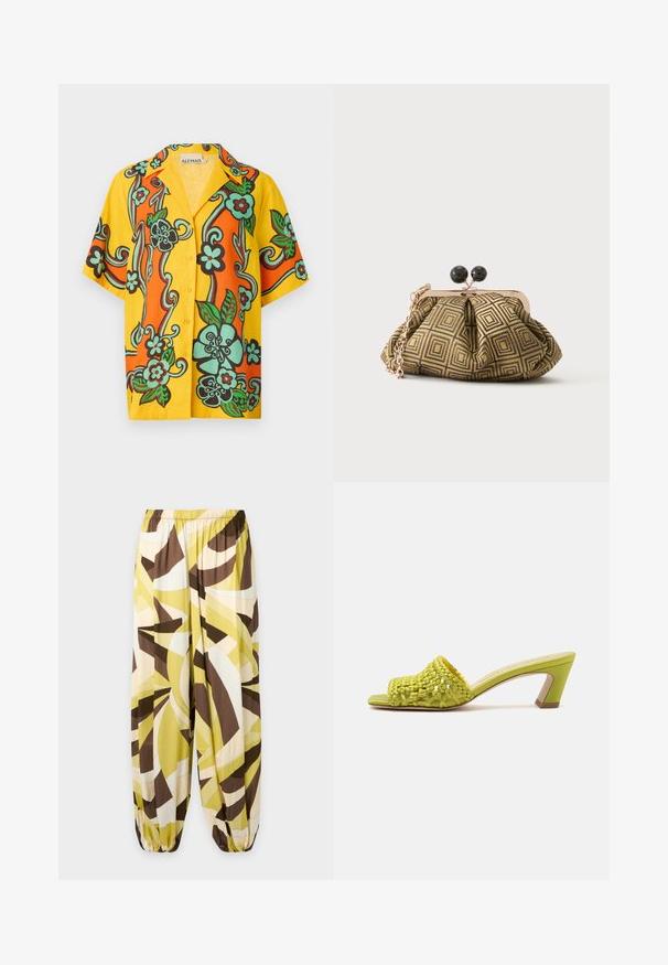 Alemais FLAME SHIRT - Blúzka so zapínaním na gombíky - multi; Voľné nohavice s elastickým pásom a manžetami, so vzorom abstraktných tvarov v odtieňoch žltej, hnedej, béžovej a bielej.; Nazúvaky s otvorenou špičkou v limetkovo zelenej farbe s pleteným koženým zvrškom a stredne vysokým blokovým podpätkom na jednofarebnom pozadí.; Malá kabelka s geometrickým zlatým a čiernym vzorom, kovovým rámom v zlatom tóne, čiernym zapínaním v tvare guličky a krátkým zlatým retiazkovým remienkom.