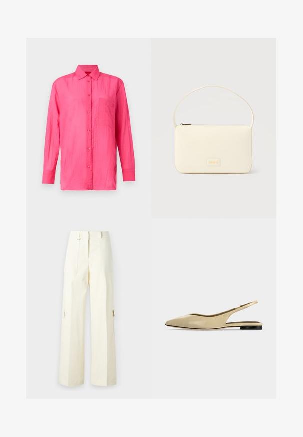 Camisa de manga larga y botones en color rosa brillante, hecha de un material ligero. Presenta un bolsillo en el pecho y un acabado de tela texturizada.; Pantalones cargo de pierna ancha en tela de color crema claro, con bolsillos tipo parche, cintura alta y aberturas laterales para añadir detalle y funcionalidad.; Zapato plano beige con puntera puntiaguda, diseño slingback, tacón bajo negro y acabado en cuero liso, mostrado de perfil sobre un fondo liso.; Bolso rectangular color crema con una sola correa y cremallera superior, con una pequeña placa de logotipo en relieve en el frente.