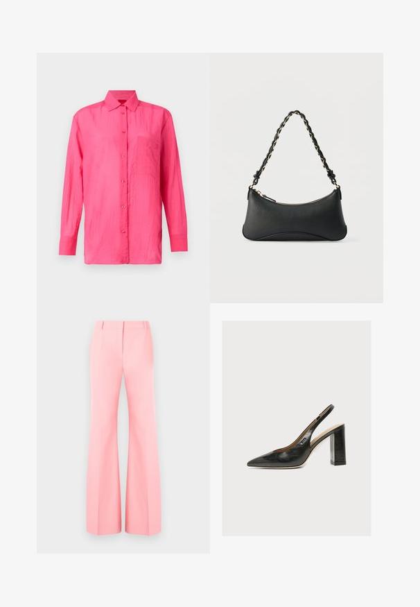 Camisa de manga larga y botones en color rosa brillante, hecha de un material ligero. Presenta un bolsillo en el pecho y un acabado de tela texturizada.; Pantalones de pierna ancha en rosa con un diseño a medida, que cuentan con una parte delantera plana y pliegues bien marcados. Tejido suave y cintura alta.; Zapato de mujer slingback de piel negra con puntera puntiaguda y tacón alto grueso de bloque sobre fondo blanco.; Bolso de hombro de cuero negro con forma rectangular curvada, cadena dorada entrelazada en una correa negra trenzada y cierre superior con cremallera.