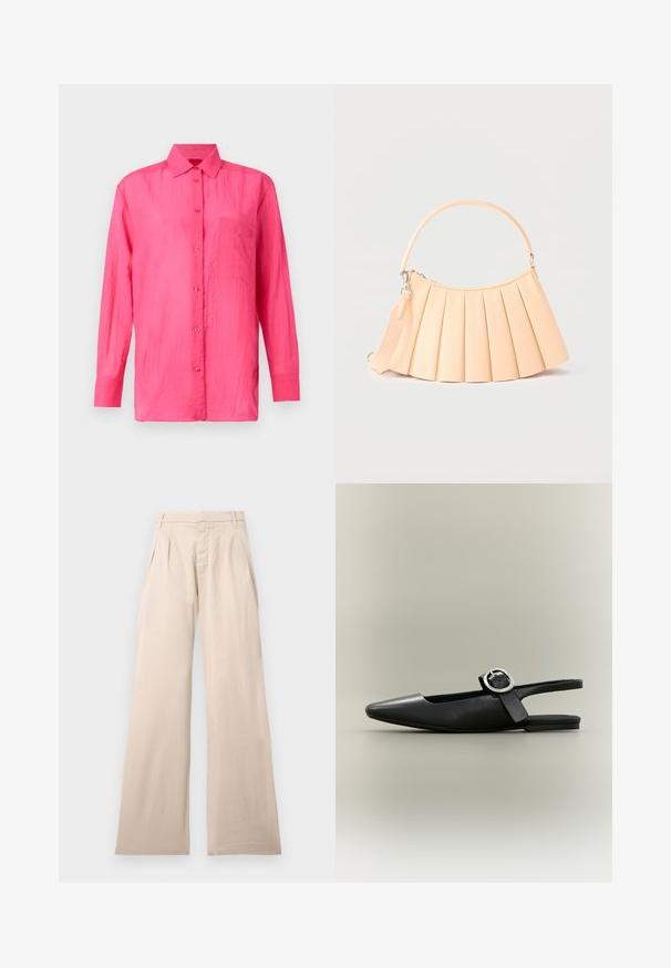 Langærmet skjorte med knapper i klar pink, lavet af letvægtsmateriale. Har en brystlomme og tekstureret stoffinish.; Beige vide bukser lavet af bomuld, med bukser foran og en glat tekstur. Designet inkluderer en standard talje og ingen synlig mønster.; Sort spids flat slingback-sko med sølv spænde og lav hæl på en neutral baggrund.; Beige plisseret håndtaske med afrundet hank og aftagelig skulderrem, vist mod en enkel lys baggrund.