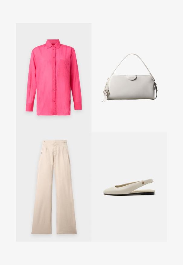 Camisa de manga larga y botones en color rosa brillante, hecha de un material ligero. Presenta un bolsillo en el pecho y un acabado de tela texturizada.; Pantalones de pierna ancha beige hechos de algodón, con plisados en la parte frontal y una textura suave. El diseño incluye una cinturilla estándar y sin patrón visible.; Zapato plano slingback de cuero color crema con puntera redondeada y pequeño emblema dorado en la correa.; Bolso rectangular blanco de Calvin Klein con un solo asa, diseño minimalista y borlas decorativas con un charm metálico geométrico en el lateral.