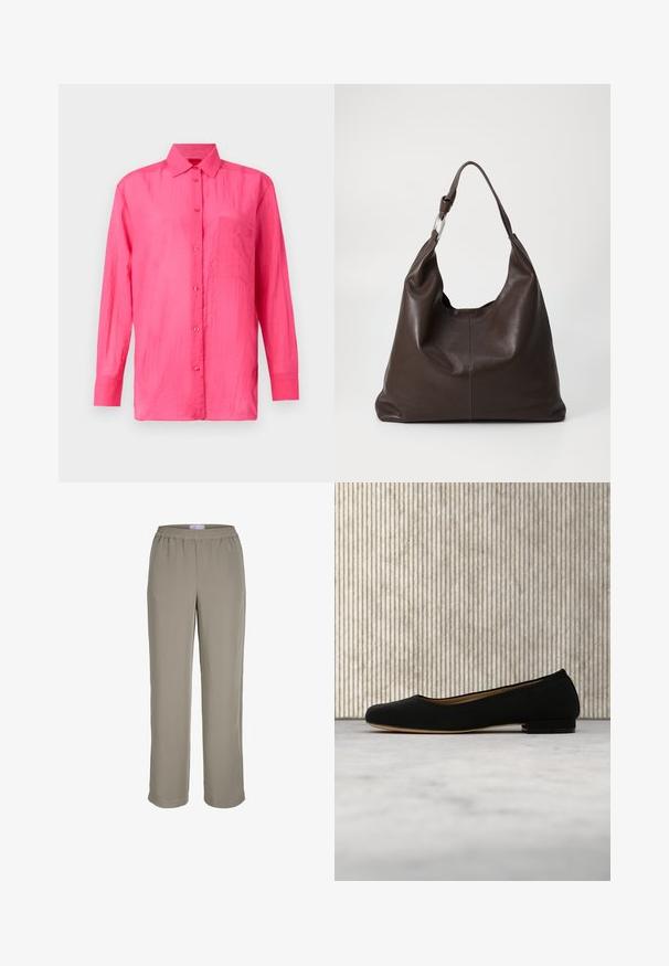 Langærmet skjorte med knapper i klar pink, lavet af letvægtsmateriale. Har en brystlomme og tekstureret stoffinish.; Lysebrune bukser med lige ben og elastisk talje, uden synlige lommer eller pynt, vist på hvid baggrund.; Sort ballerinasko svævende over beige tæppe med rundt brunt bord i baggrunden.; Zign Shopping bags - chocolate brown