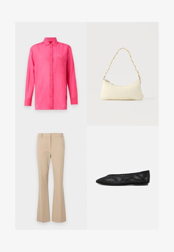 Camisa de manga larga y botones en color rosa brillante, hecha de un material ligero. Presenta un bolsillo en el pecho y un acabado de tela texturizada.; Pantalones beige ajustados de corte recto, con frente plano, trabillas para cinturón y una textura suave. Sin bolsillos ni patrones visibles.; Zapato plano de malla negra con puntera cerrada y tacón bajo, con un diseño tejido transpirable y un logo lateral sutil.; Bolso pequeño de color crema con forma curva y asa de cadena trenzada en tono dorado, cierre con cremallera en la parte superior
