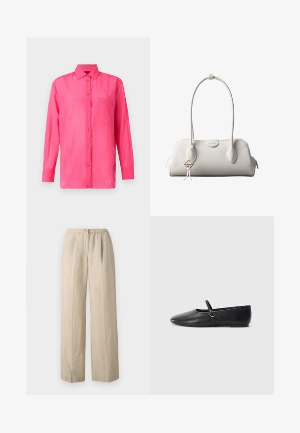 Camisa de manga larga y botones en color rosa brillante, hecha de un material ligero. Presenta un bolsillo en el pecho y un acabado de tela texturizada.; Pantalones de pierna ancha beige, hechos de una tela suave, con una cintura elástica fruncida y un cierre con botón en la parte delantera. Textura suave con pliegues.; Bailarinas de cuero negro con punta afilada, suela plana y una pequeña correa con detalle de hebilla plateada.; Bolso de hombro blanco de Calvin Klein con asas largas, forma rectangular, cierre de cremallera y charm decorativo con el logo colgando cerca del asa.