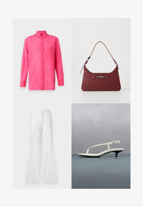 Camisa de manga larga y botones en color rosa brillante, hecha de un material ligero. Presenta un bolsillo en el pecho y un acabado de tela texturizada.; Pantalones acampanados blancos hechos de tejido ligero, con una textura suave, detalle de costura frontal y una cinturilla ajustada.; Sandalia blanca de tacón kitten con tiras y punta afilada, flotando sobre un suelo de baldosas de madera al aire libre, con un fondo desenfocado de plantas y pared.; Pequeño bolso rectangular de cuero burdeos con correa ajustable y placa de logotipo plateada "HUGO" en la parte frontal.