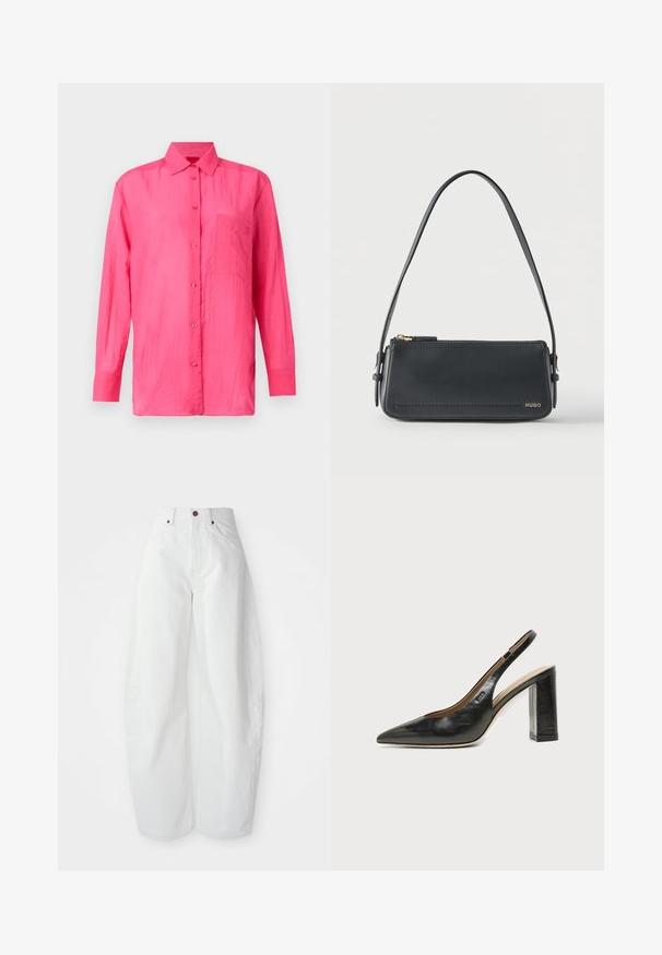 Langarm-Hemd mit Knopfleiste in leuchtendem Pink, aus leichtem Material gefertigt. Verfügt über eine Brusttasche und eine strukturierte Stoffoberfläche.; Hochtaillierte weiße Denim-Hose mit lockerer Passform. Einfacher Knopfverschluss, seitliche Taschen und minimalistisches Design. Glatte Textur.; Schwarzer Leder-Slingback-Schuh mit spitzer Kappe, hohem Blockabsatz und beigegefüttertem Innenraum vor hellem, einfarbigem Hintergrund.; Schwarze rechteckige Lederschultertasche mit goldenem Reißverschluss und kleinem goldenem "HUGO"-Logo auf der Vorderseite, mit verstellbarem Riemen und Schnalle.