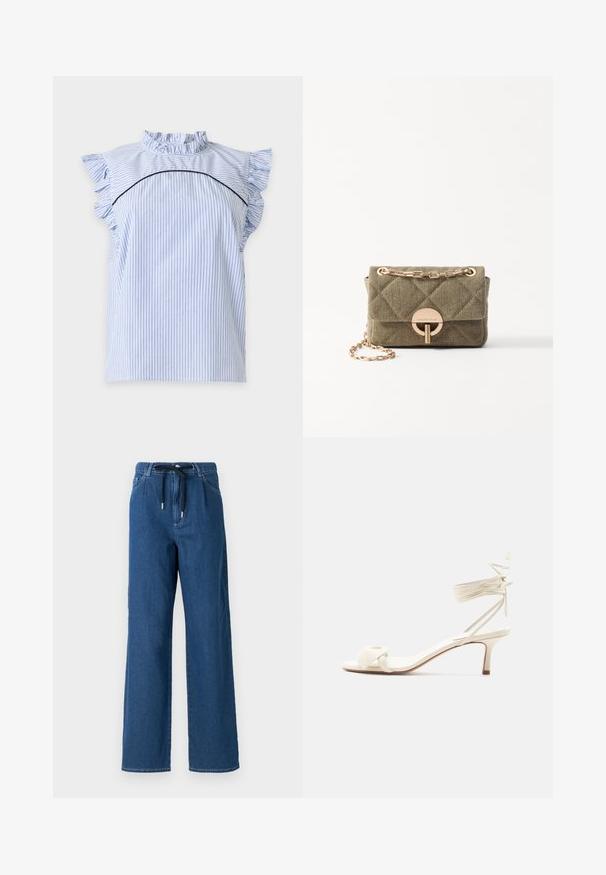 Blouse sans manches bleu clair à rayures verticales bleu marine, col haut à volants, manches papillon et bordure noire incurvée sur la poitrine.; Pantalon en denim bleu foncé à jambes larges, avec une taille élastique à cordon de serrage et des poches avant. Le tissu a une texture lisse avec des détails de couture subtils.; Sandale à talon bas de couleur crème avec des liens à nouer autour de la cheville et une large bride torsadée sur les orteils, sur un fond blanc uni.; Vanessa Bruno MOON - Sac à main - kaki