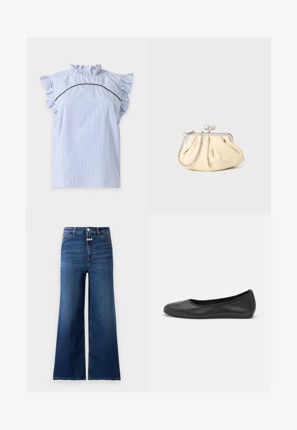 Blouse sans manches bleu clair à rayures verticales bleu marine, col haut à volants, manches papillon et bordure noire incurvée sur la poitrine.; Jeans en denim bleu taille haute à jambes larges, avec poches avant, passants de ceinture, fermeture par boutons et braguette visible sur un fond uni.; Ballerines en cuir noir avec un bout rond, texture lisse, détails de couture minimalistes et design de semelle flexible.; Pochette en cuir beige plissé avec un cadre en métal argenté, dotée de deux fermoirs ronds décoratifs et d'une chaîne en argent.