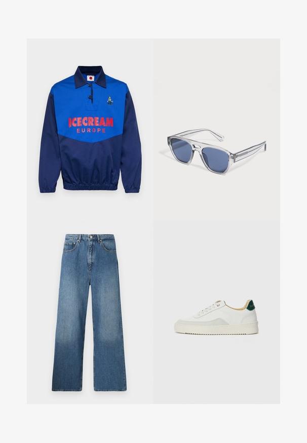 Marineblå pullover i polyesterblanding med kravedesign, der har et stort rødt tryk "ICECREAM EUROPE" og en broderet grafik.; Bredde ben blå denim jeans med et klassisk fem-lomme design, frontlukning med knap og let falming for tekstur.; Hvide sneakers med ruskindsdetaljer, rund tå, flade snørebånd og en cremet gummisål. Har grøn branding på hælen.; Solbriller med klart stel og rektangulære blåtonede linser, som ligger på en hvid overflade.