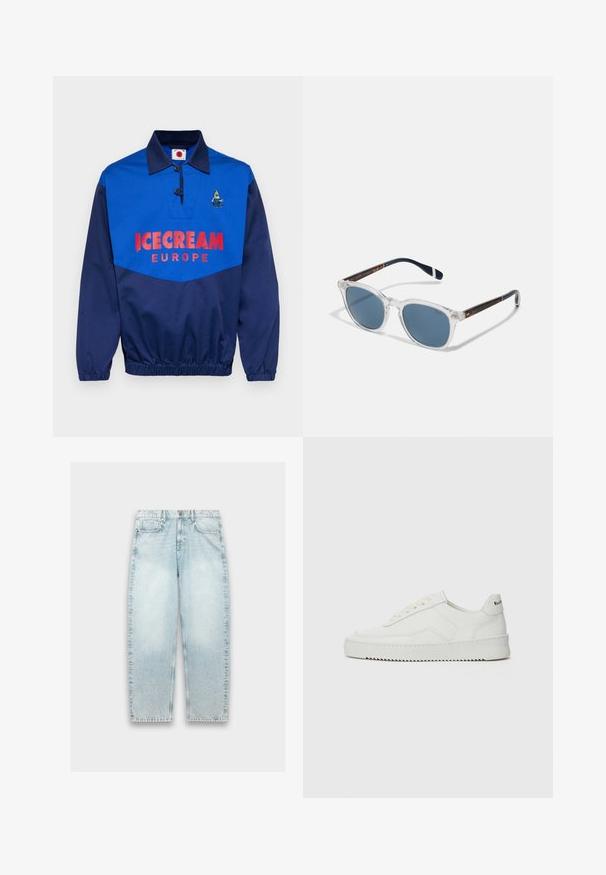 Marineblå pullover i polyesterblanding med kravedesign, der har et stort rødt tryk "ICECREAM EUROPE" og en broderet grafik.; Lyseblå denimjeans med løs pasform, lige ben, falmet tekstur, fem-lomme design og metalknaplukning i taljen.; Hvide lædersneakers med en glat overflade, rund tå, flade snørebånd og en tekstureret sål. Har et diskret logo på hælen.; Polo Ralph Lauren 0PH4206 - Solbriller - shiny/transparent