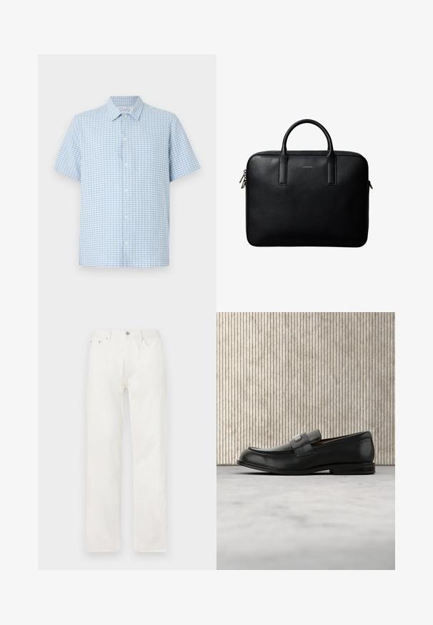 Chemise à manches courtes bleu clair et blanc avec petit motif à carreaux et col classique sur fond blanc.; Jean en denim blanc coupe droite avec poches avant, passants pour ceinture et fermeture par bouton à la taille, présenté sur un fond uni.; Mocassin en cuir noir avec une plaque de marque en métal reposant près d'une table ronde marron sur un sol recouvert de moquette beige.; Mallette en cuir noir texturé avec double poignées et tirettes de fermeture éclair argentées, centrée sur fond blanc.