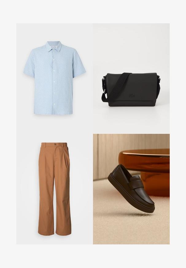 Chemise à manches courtes bleu clair et blanc avec petit motif à carreaux et col classique sur fond blanc.; Pantalon à jambes larges en tissu marron chaud, avec fermeture à boutons sur le devant, plis subtils et coupe droite pour une tenue décontractée.; Une chaussure mocassin en cuir marron foncé flottant au-dessus d'un tapis crème avec une table ronde orange en arrière-plan.; Lacoste MESSENGER BAG MEN CLASSIC - Sac bandoulière - noir