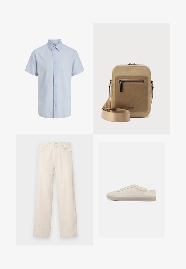 Chemise pour homme à manches courtes, bleu clair, avec col, boutons sur le devant et ourlet légèrement arrondi.; Pantalons larges beiges en tissu texturé, dotés d'une fermeture à bouton, de passants de ceinture et d'un style de poche classique.; Baskets en daim beige avec une tige texturée, un contrefort de talon blanc lisse, de fines lacets et une semelle extérieure en caoutchouc. Présente un design bas profil.; Petit sac bandoulière beige avec poche avant zippée, logo métallique ALDO, sangle large ajustable et forme rectangulaire arrondie sur fond blanc.