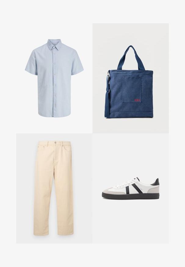 Chemise pour homme à manches courtes, bleu clair, avec col, boutons sur le devant et ourlet légèrement arrondi.; Jean beige à coupe droite avec fermeture à bouton et glissière, passants pour ceinture et poches avant sur un fond uni.; Baskets blanches avec des accents noirs et gris, présentant un embout texturé gris, une semelle en caoutchouc noir et des lacets plats blancs. Design épuré, style minimaliste.; Sac fourre-tout en toile bleue avec poche frontale et broderie rouge "O.N.S", doté de doubles poignées et d'une bandoulière réglable.