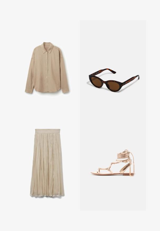 Beige langærmet skjorte lavet af letvægtsstof, med krave, knaplukning foran og afrundet kant. Glat tekstur, afslappet pasform.; Plisseret midiskirt i lys beige med en glat, bred talje. Fremstillet af et let, gennemsigtigt stof med en subtil glans.; Flad sandal i metallisk guld med tynde remme, ankelbind og en lille hæl på en ensfarvet hvid baggrund.; Brune skildpadde solbriller med en vintage katteøje-form og brune linser. Har buede arme med røde detaljer.