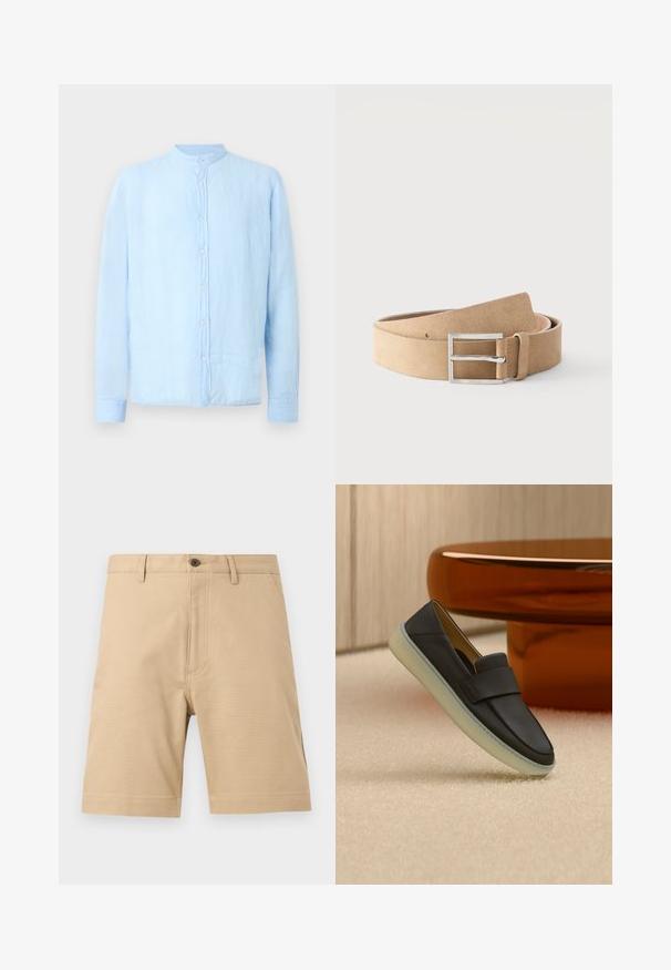 Chemise bleu clair à manches longues avec col mandarin et boutons blancs sur le devant, présentée sur un fond uni.; Short beige pour homme, longueur genou, avec passants de ceinture, poches avant, fermeture par boutons et détails visibles de couture sur fond uni.; Mocassin en cuir noir avec une semelle blanche épaisse, présenté sur un tapis beige à côté d'une table ronde de couleur ambre.; Ceinture en cuir suédé couleur fauve avec boucle rectangulaire argentée et passant en cuir, roulée sur un fond blanc.