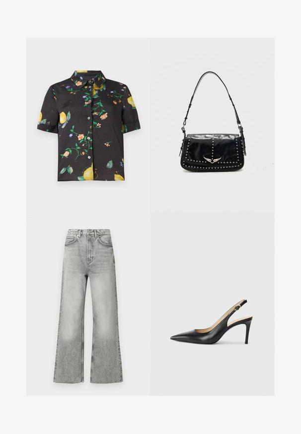 Chemise noire à manches courtes avec col, ornée d'un motif coloré de fleurs et de citrons.; Jean en denim gris évasé avec une taille haute, une finition délavée, cinq poches et des passants pour ceinture. Détails de coutures le long des coutures.; Escarpins en cuir noir avec une pointe fine, une bride ajustable et un talon aiguille élégant, présentant une finition lisse.; Sac à épaule en cuir noir avec des clous argentés et un emblème métallique ailé sur le rabat avant sur fond uni.